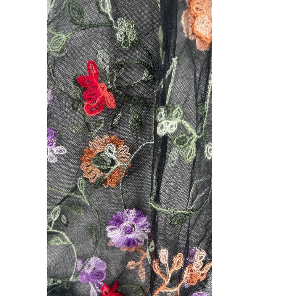 Whimsical Romantic Floral Embroidered Mesh Infinity Scarf‎ Black Sheer Chic Boho